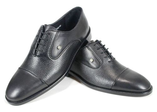 мъжки официални обувки от черна естествена кожа с комбинация от гладка и релефна шагренена кожа