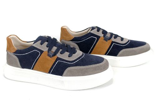 мъжки сникърси тъмносин велур с бежови и оранжеви акценти, бяло спортно ходило