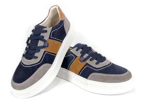 мъжки сникърси тъмносин велур с бежови и оранжеви акценти, бяло спортно ходило