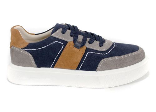 мъжки сникърси тъмносин велур с бежови и оранжеви акценти, бяло спортно ходило