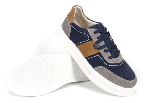 мъжки сникърси тъмносин велур с бежови и оранжеви акценти, бяло спортно ходило