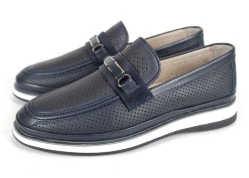 мъжки мокасини от тъмносиня перфорирана естествена кожа с бяло ходило