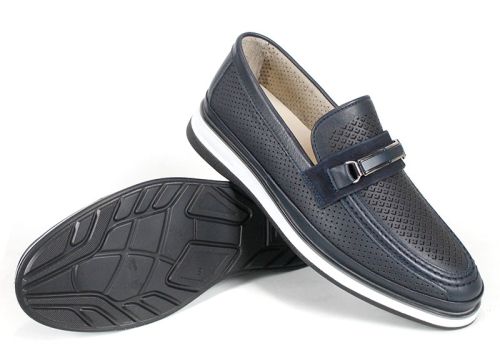 мъжки мокасини от тъмносиня перфорирана естествена кожа с бяло ходило