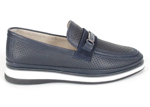 мъжки мокасини от тъмносиня перфорирана естествена кожа с бяло ходило