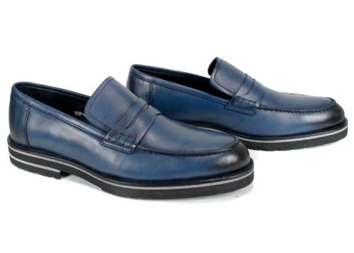 мъжки мокасини от естествена синя кожа със състарен ефект и леко черно ходило