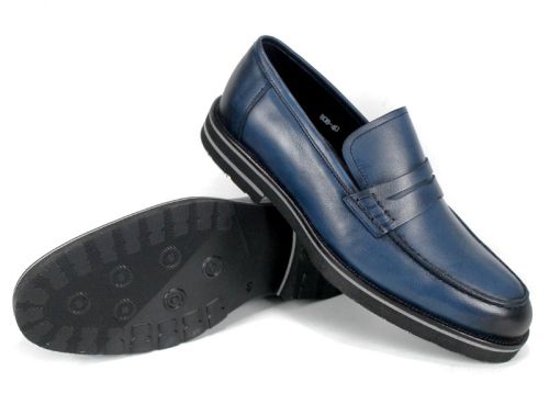 мъжки мокасини от естествена синя кожа със състарен ефект и леко черно ходило