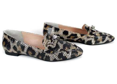 дамски балерини естествена кожа змийски принт с метална декорация