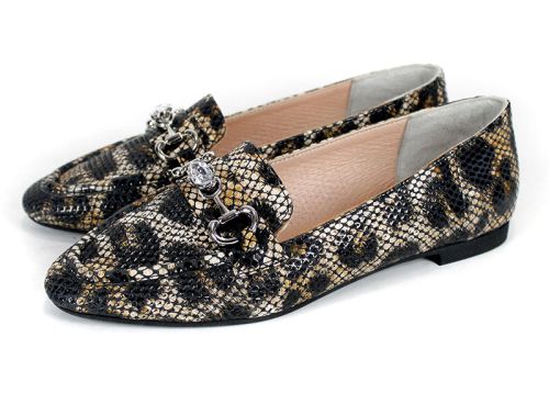 дамски балерини естествена кожа змийски принт с метална декорация