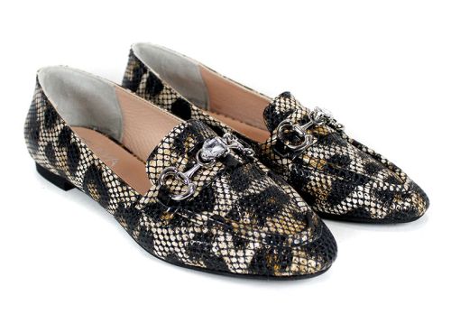 дамски балерини естествена кожа змийски принт с метална декорация