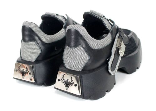 Дамски грънч обувки от кожа и мрежа с масивно ходило в черно