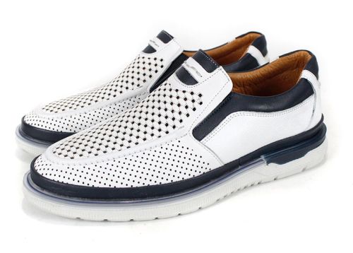 Мъжки летни обувки Джеронимо от естествена кожа – бяло и тъмно синьо