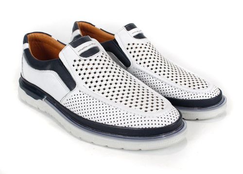 Мъжки летни обувки Джеронимо от естествена кожа – бяло и тъмно синьо