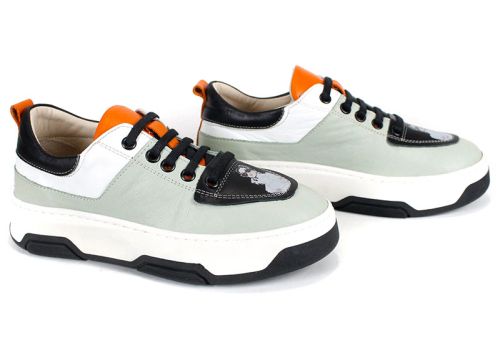 дамски сникърси KELLY, естествена кожа, резеда, черно, бяло и оранжево - страничен изглед