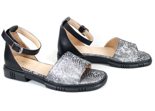 Gloria Serpenta – Sandale de damă negre din piele naturală, cu imprimeu de șarpe și călcâi închis