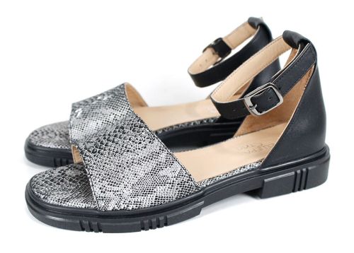 Gloria Serpenta – Sandale de damă negre din piele naturală, cu imprimeu de șarpe și călcâi închis