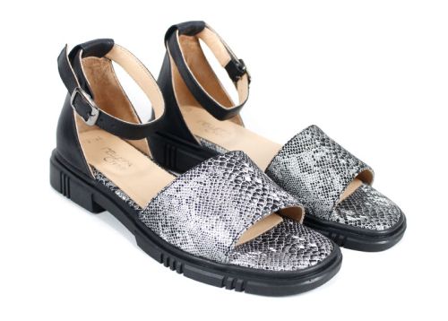 Gloria Serpenta – Sandale de damă negre din piele naturală, cu imprimeu de șarpe și călcâi închis