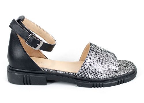 Gloria Serpenta – Sandale de damă negre din piele naturală, cu imprimeu de șarpe și călcâi închis