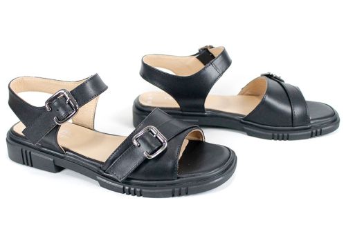 дамски сандали от естествена кожа Dalia в черно с двойна метална катарама и черно ниско ходило