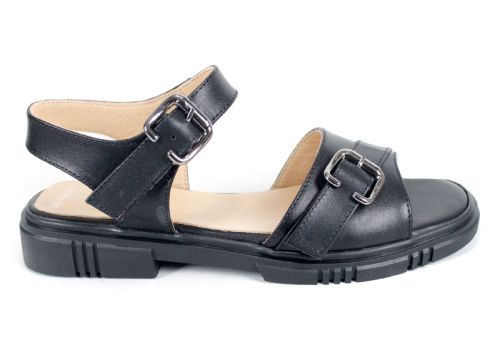 дамски сандали от естествена кожа Dalia в черно с двойна метална катарама и черно ниско ходило