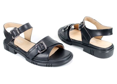 дамски сандали от естествена кожа Dalia в черно с двойна метална катарама и черно ниско ходило