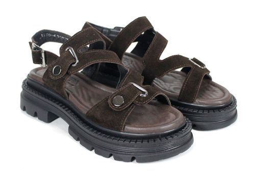 Sandale damă Terra Rise din velur natural maro închis cu branț anatomic și platformă cu talpă aderentă