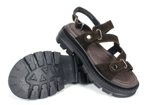 Sandale damă Terra Rise din velur natural maro închis cu branț anatomic și platformă cu talpă aderentă