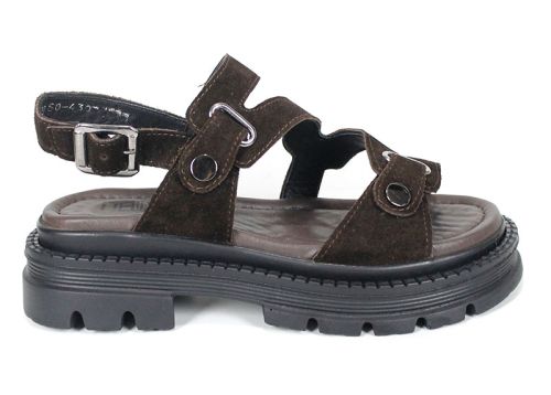 Sandale damă Terra Rise din velur natural maro închis cu branț anatomic și platformă cu talpă aderentă