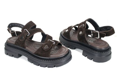 Sandale damă Terra Rise din velur natural maro închis cu branț anatomic și platformă cu talpă aderentă