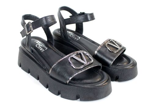 sandale damă Noir Tempo din piele naturală neagră cu detalii platină și platformă medie