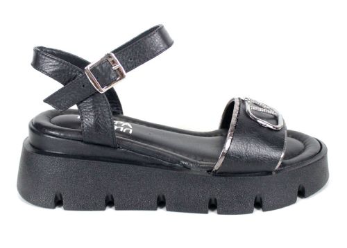 sandale damă Noir Tempo din piele naturală neagră cu detalii platină și platformă medie