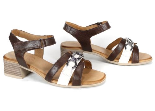 Terra Charm – Дамски сандали от естествена кожа със среден ток|цвят тъмно кафяв и крем