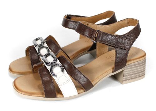 Terra Charm – Дамски сандали от естествена кожа със среден ток|цвят тъмно кафяв и крем