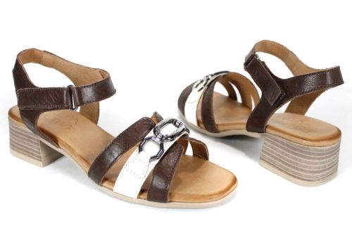 Terra Charm – Дамски сандали от естествена кожа със среден ток|цвят тъмно кафяв и крем