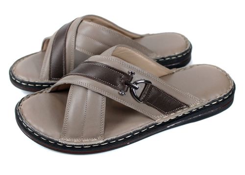 Мъжки кожени чехли Castello Fine – визон с кафява лента