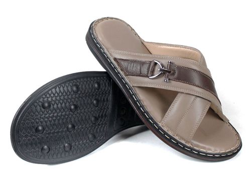 Мъжки кожени чехли Castello Fine – визон с кафява лента