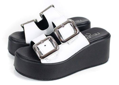 papuci damă Caffè Leggero din piele naturală albă cu platformă