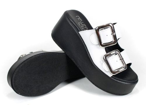 papuci damă Caffè Leggero din piele naturală albă cu platformă