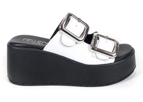 papuci damă Caffè Leggero din piele naturală albă cu platformă