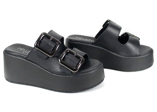 Papuci de damă negri Caffè Leggero din piele naturală cu catarame și talpă tip platformă