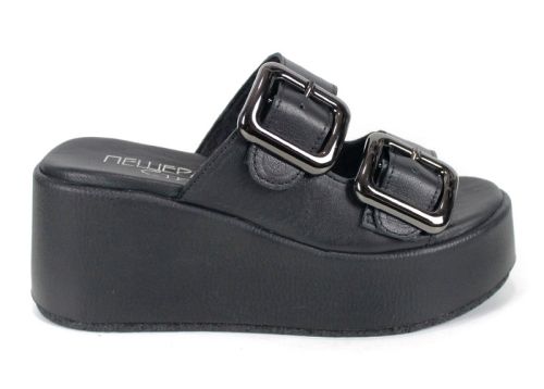 Papuci de damă negri Caffè Leggero din piele naturală cu catarame și talpă tip platformă