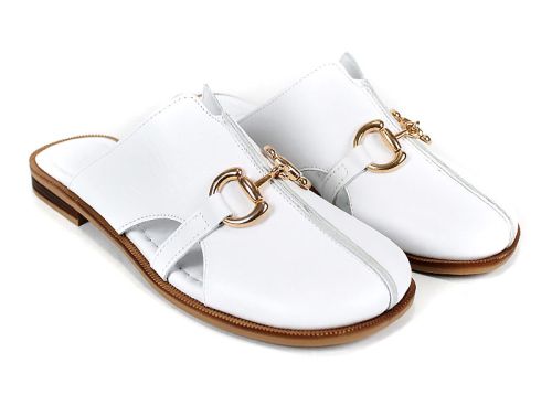 Дамски чехли Luna Piena от бяла естествена кожа със златист акцент