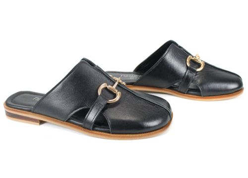 Дамски черни чехли от естествена кожа Luna Piena с ниско ходило и златист аксесоар