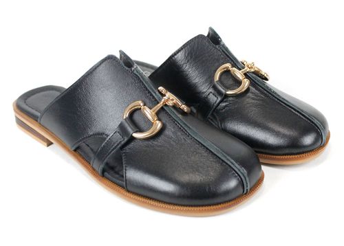 Дамски черни чехли от естествена кожа Luna Piena с ниско ходило и златист аксесоар