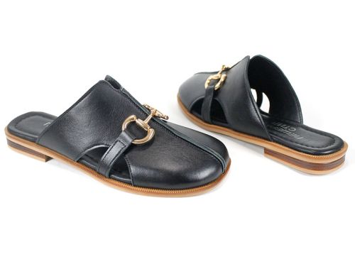 Дамски черни чехли от естествена кожа Luna Piena с ниско ходило и златист аксесоар