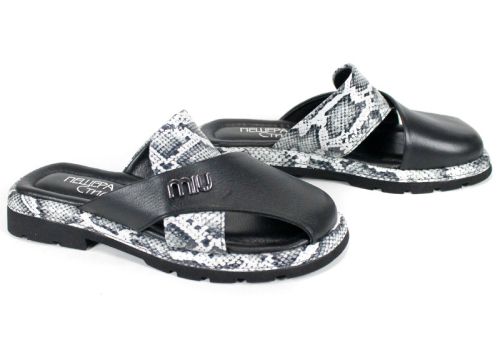 Notte Viva – дамски чехли от естествена кожа, черно и змийски принт