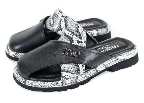 Notte Viva – дамски чехли от естествена кожа, черно и змийски принт