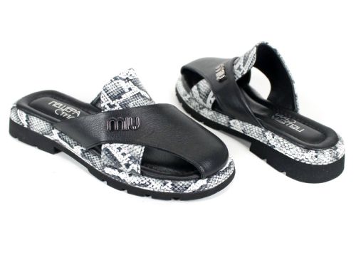 Notte Viva – дамски чехли от естествена кожа, черно и змийски принт