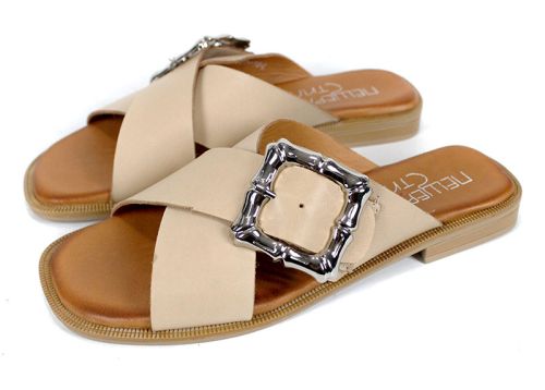 Дамски чехли Forma Nuova – бежови, естествена кожа, с тока