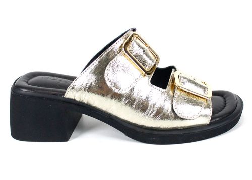 Дамски чехли от естествена кожа Brilla Doppia в златист цвят със среден ток