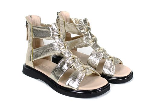 sandale romane damă piele naturală aurii cu fermoar